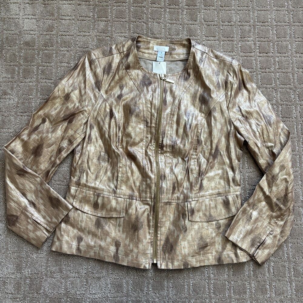Chico's Linen Blend Jacket  Sz 1 / US Medium Metallic Zip Gold Tan Lightweight